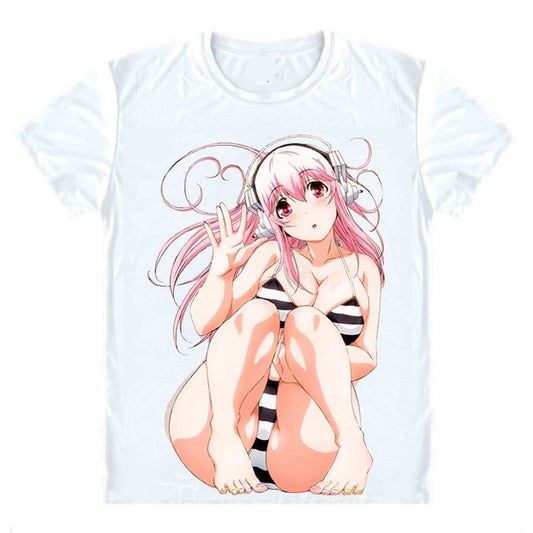 Super Sonico Striped Bikini Digital Printed T-Shirt